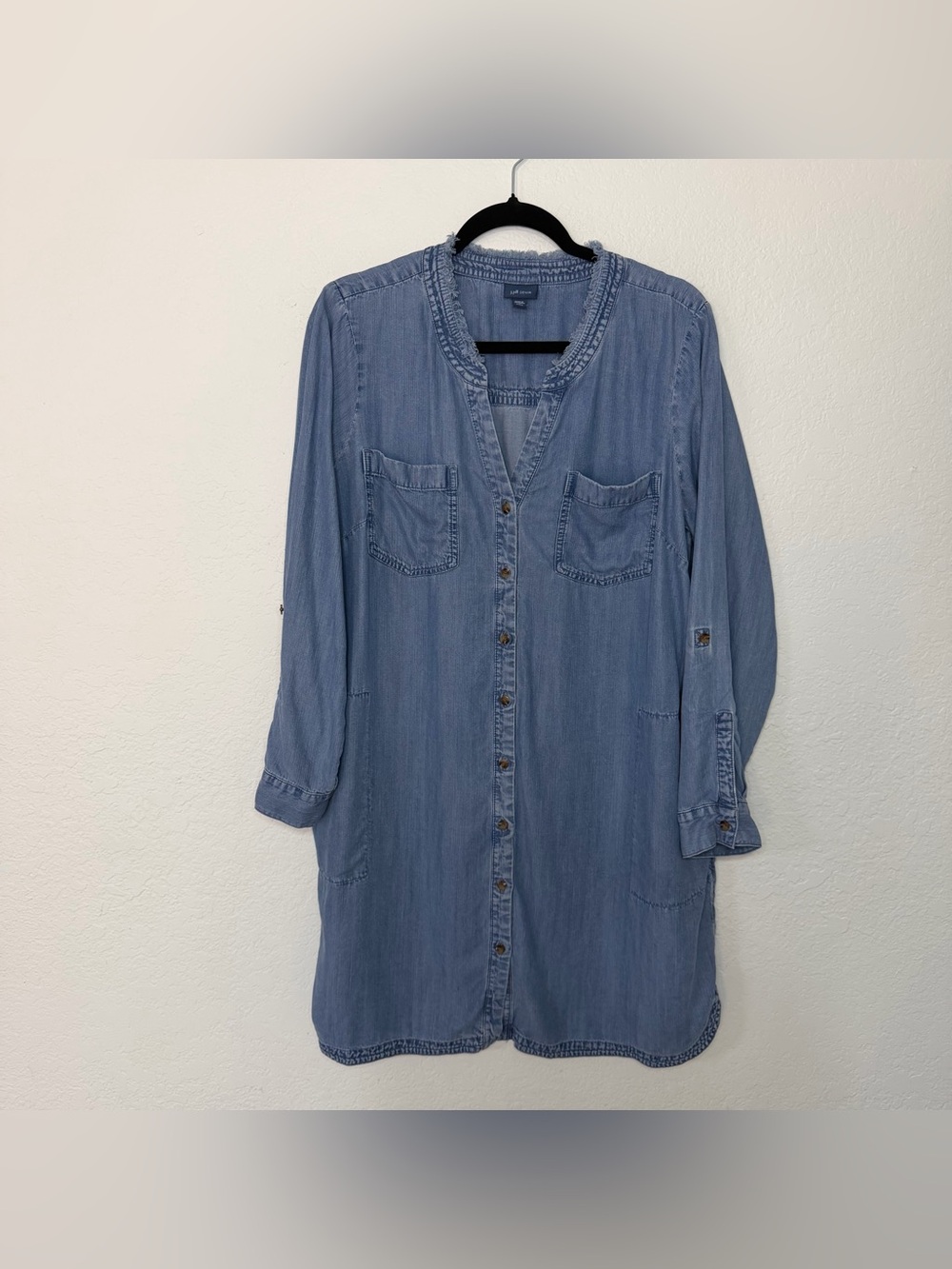 J. Jill Denim Shift Shirt Dress Roll Tab Sleeve Chambray Button Up Petite Large